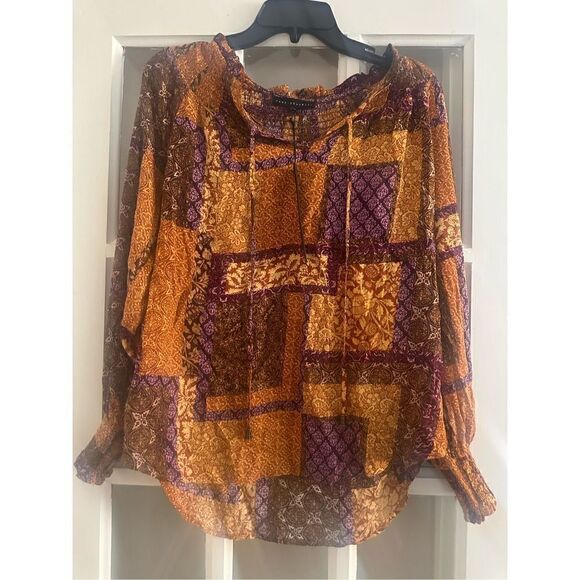Women's Multicolor V-Neck long Sleeve Peasant tunic Blouse Size Small - Picture 1 of 8